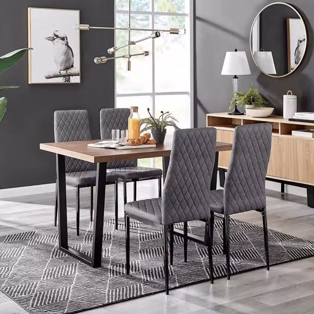 FurnitureboxUK Kylo Brown Wood Effect Dining Table with Black U Legs and 4 Grey Milan Velvet Chairs