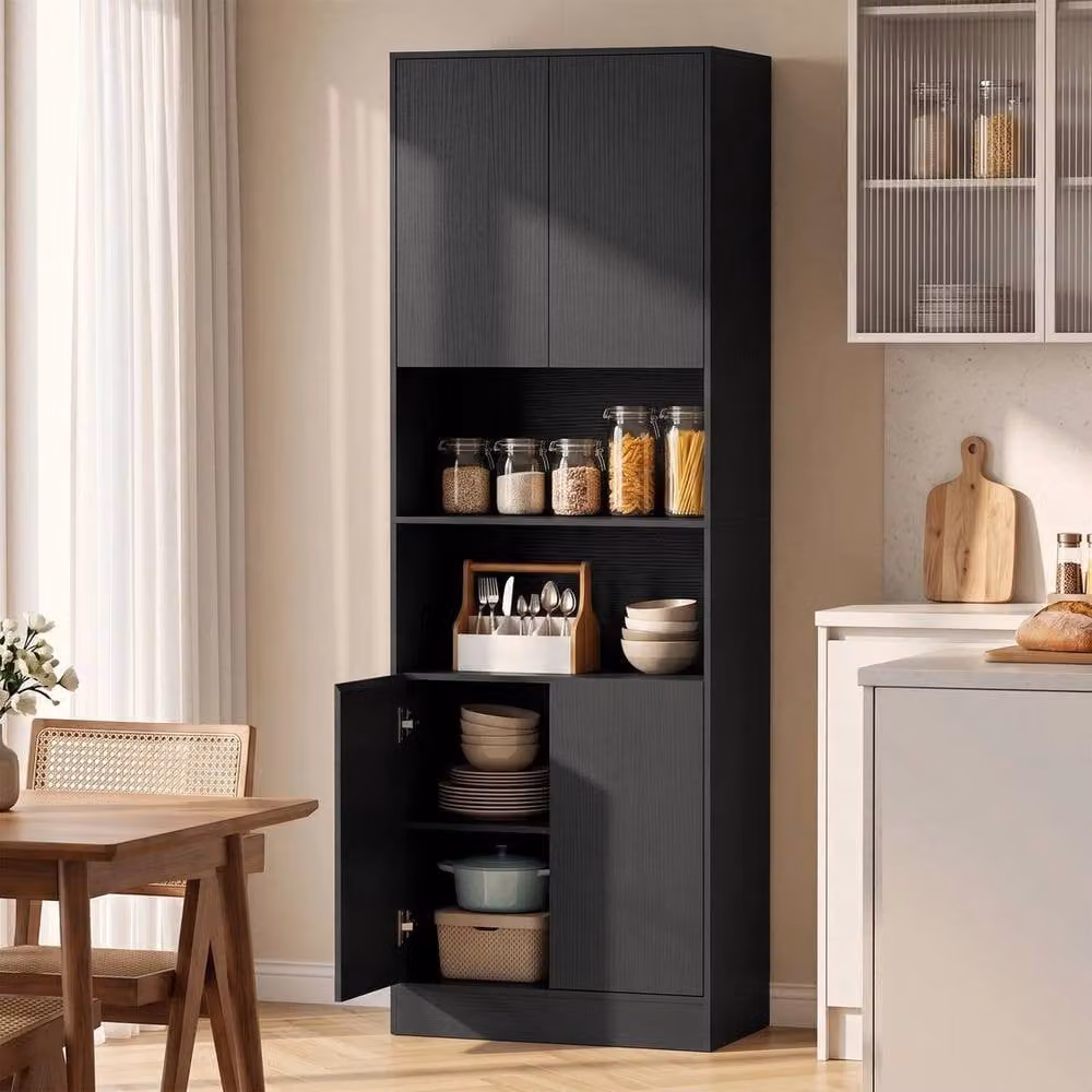 KORVIXA Black Wood Effect Kitchen Pantry Cabinet with Soft-Close Hinges, W: 70 cm, H: 75 cm – 3