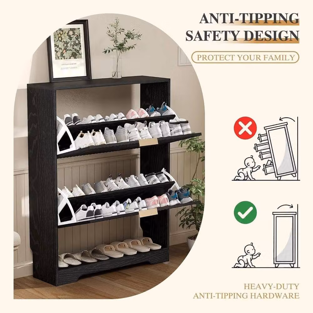 KORVIXA Black Mid-Century Wooden Shoe Storage Cabinet with 2 Tilting Compartments, W/D/H: 100 x 24 x 100 cm – 3