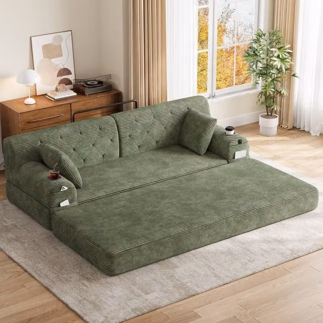 Matteo Green Corduroy 3-Seater Sleeper Sofa with Cup Holders and Metal Frame – 1