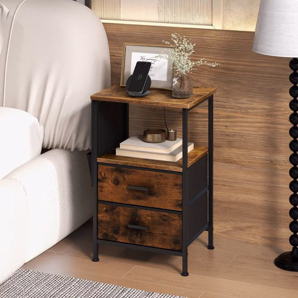 Gymax Set of 2 Modern Brown Nightstands with Charging Station and Media Compartments – 3