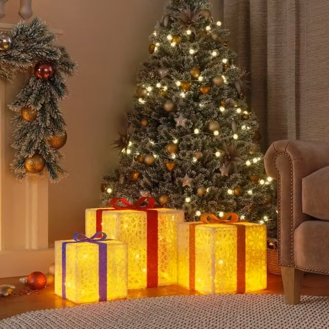 Berkfield Home Lighted Christmas Tabletop Boxes, 3 Piece Set with 64 Warm White LEDs