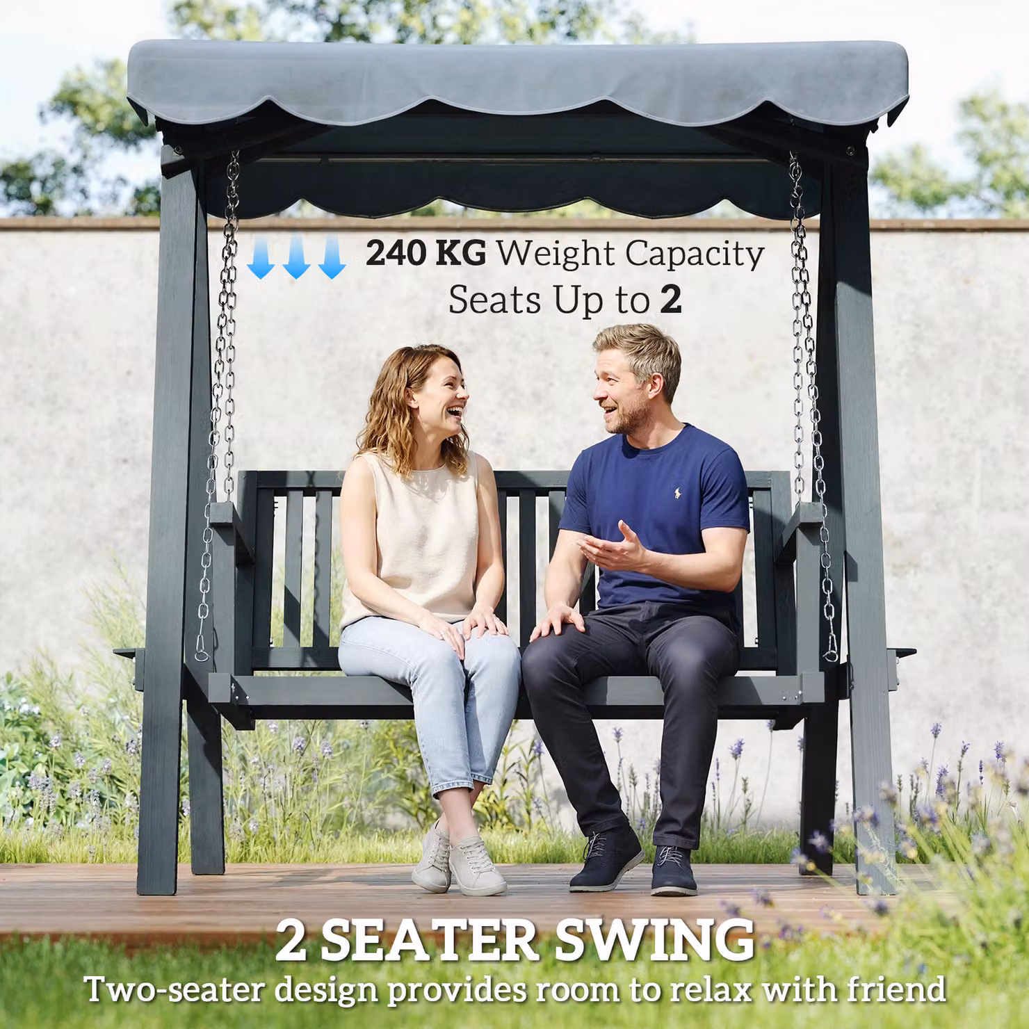 Outsunny 2 Seater Wooden Garden Swing Seat with UV-Resistant Canopy in Grey – 6