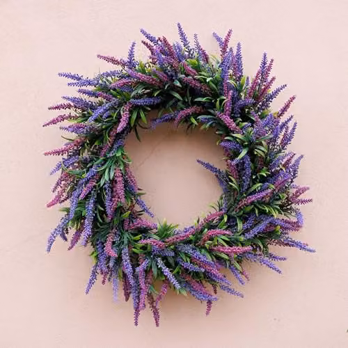 Primrose Artificial Lavender Flower Wreath in Purple with Hanging Loop, Diameter: 50 cm