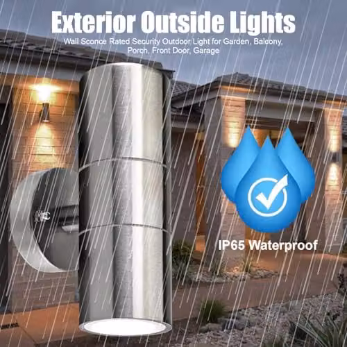 ATEK 2 Pack Silver Stainless Steel Up and Down Outdoor Wall Lights, IP65 Waterproof GU10 Modern Exterior Sconces for Garden, Terrace and Balcony – 4