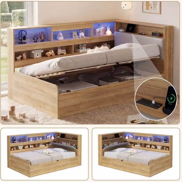 BTM Single Wooden Daybed with Hydraulic Lift-Up Storage, LED Lighting and USB Charging Port in Natural Brown, W/D/H: 90 x 190 cm