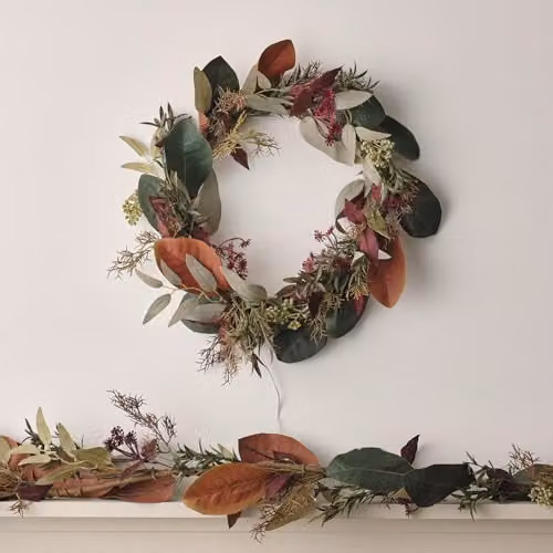 Lights4fun 40cm Artificial Autumn Winter Wreath with Faux Eucalyptus Leaves and 50 Multicolour White LED Micro Lights – 3