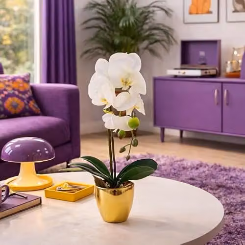 Leaf Design UK Realistic Potted Artificial Orchid Flower Display, Height: 46 cm, White, Gold and Silver – 2