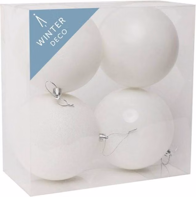KDMD White Shatterproof Round Christmas Baubles, 4 Pack, Diameter: 12 cm