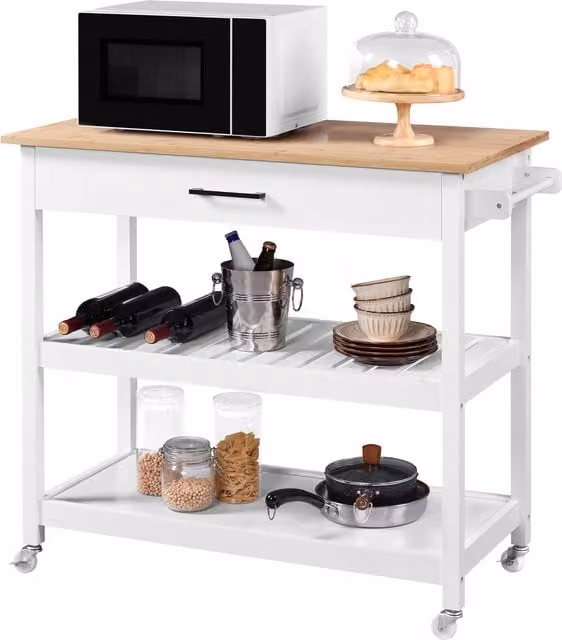 Yaheetech Modern White Rolling Kitchen Island with Open Shelves and Matt Wood MDF Finish