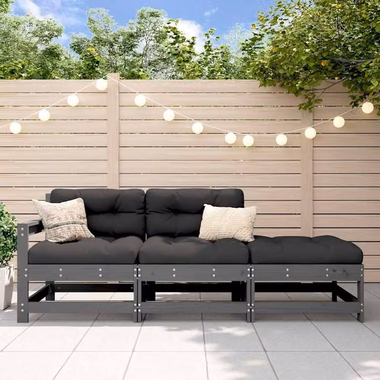 Berkfield Home Beautiful 3 Piece L-Shape Garden Lounge Set with Cushions in Grey and Black Solid Pine Wood