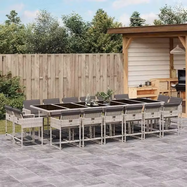 Berkfield Home 17 Piece Extendable Garden Dining Set with Light Grey Cushions and Glass Top Poly Rattan