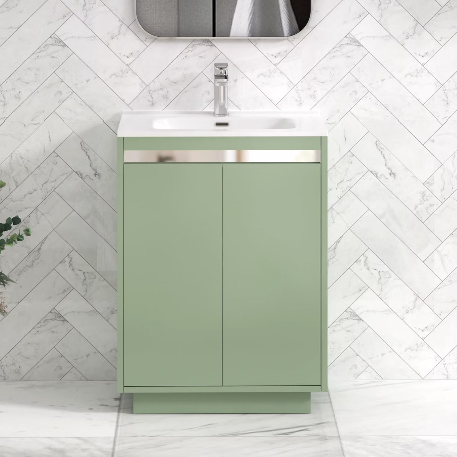 Royal Bathrooms Orion 600mm Mint Sage 2 Door Floor Standing Vanity Unit with Ceramic Basin and Chrome Accent Trim