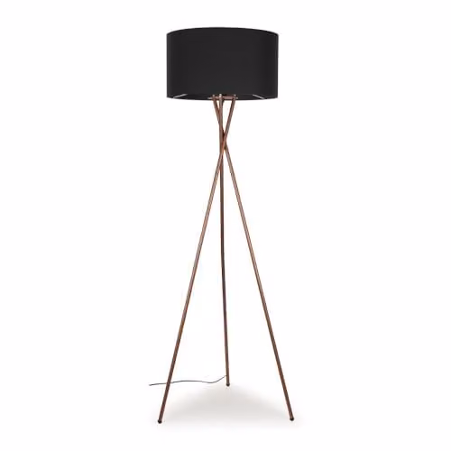 ValueLights Camden Copper Metal Tripod Floor Lamp with Grey Fabric Cylinder Shade