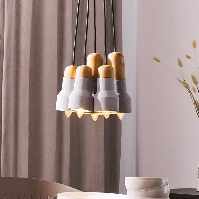 Wyld and Coco 5-Light Industrial Concrete and Wood Pendant Cluster in Grey – 1