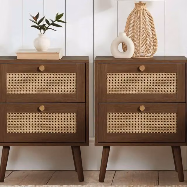 Croxley Pair of 2-Drawer Bedside Tables in Walnut with Rattan Details