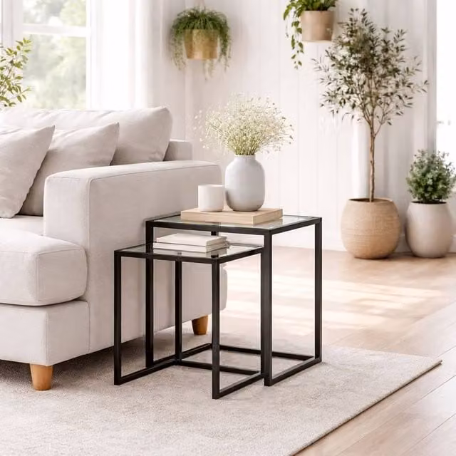 Wyld Haus Riraro Black Set of 2 Nesting Side Tables with Tempered Glass Tops – 1