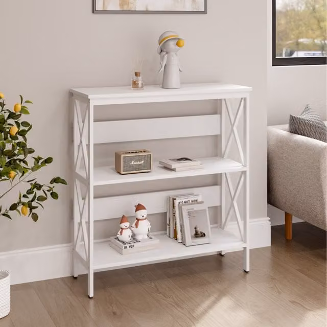Livingandhome Rustic White Square Side Table with X-Frame Metal and Wood Design, W: 80 cm, D: 30 cm, H: 83 cm