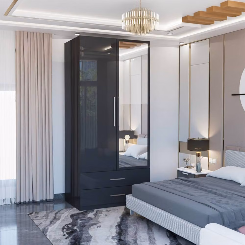 MN Furniture Modern High Gloss Mirrored Wardrobe with Drawers in Black, W/D/H: 80 x 50 x 200 cm – 2
