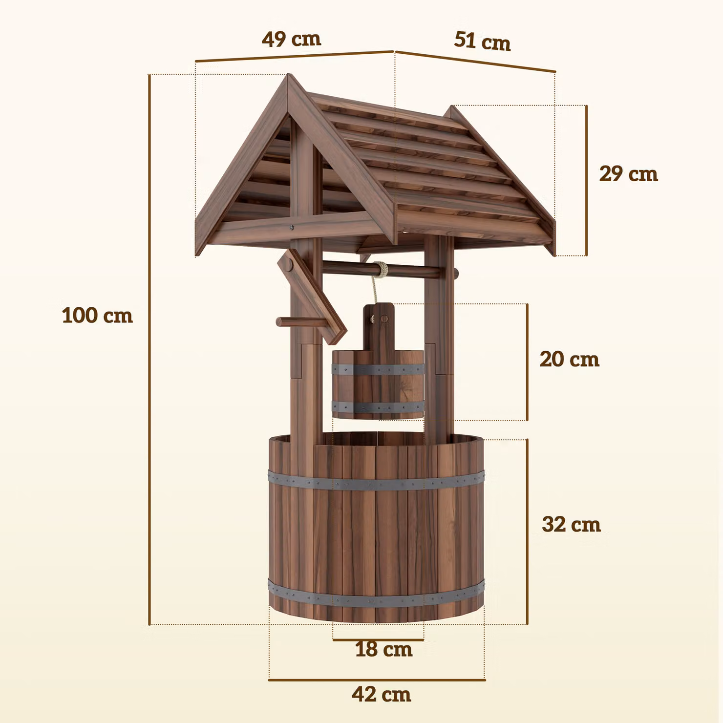 Outsunny Carbonised Wood Wishing Well Planter with Hanging Bucket in Brown – 3