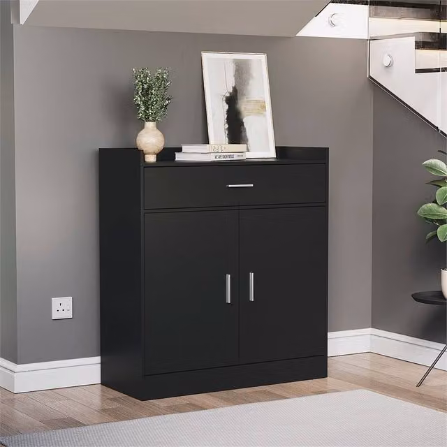 FORGEVIO Black Modern Shoe Rack with 2 Doors and 1 Drawer