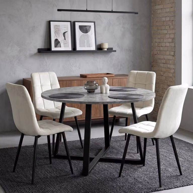 DHS Round Dining Table Set with 4 Chairs in Concrete Effect with Upholstered Metal X-Frame Chairs, Diameter: 110 cm