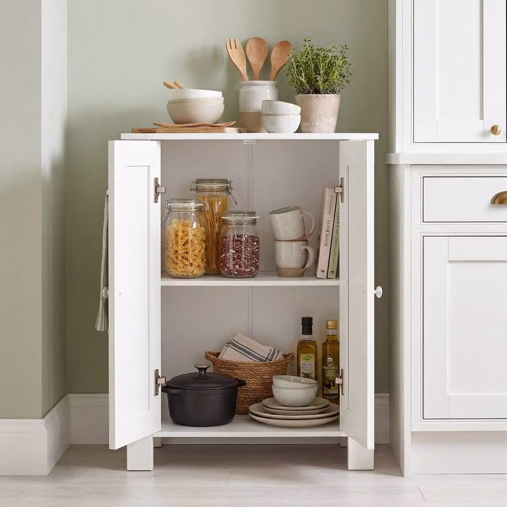 Costway Modern White Wooden Bathroom Floor Cabinet with Double Hinged Doors and Internal Shelves – 3