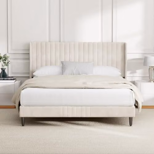 MCC Direct Charlie Velvet Upholstered King Size Bed Frame in Beige, W/D/H: 180 x 200 x 105 cm