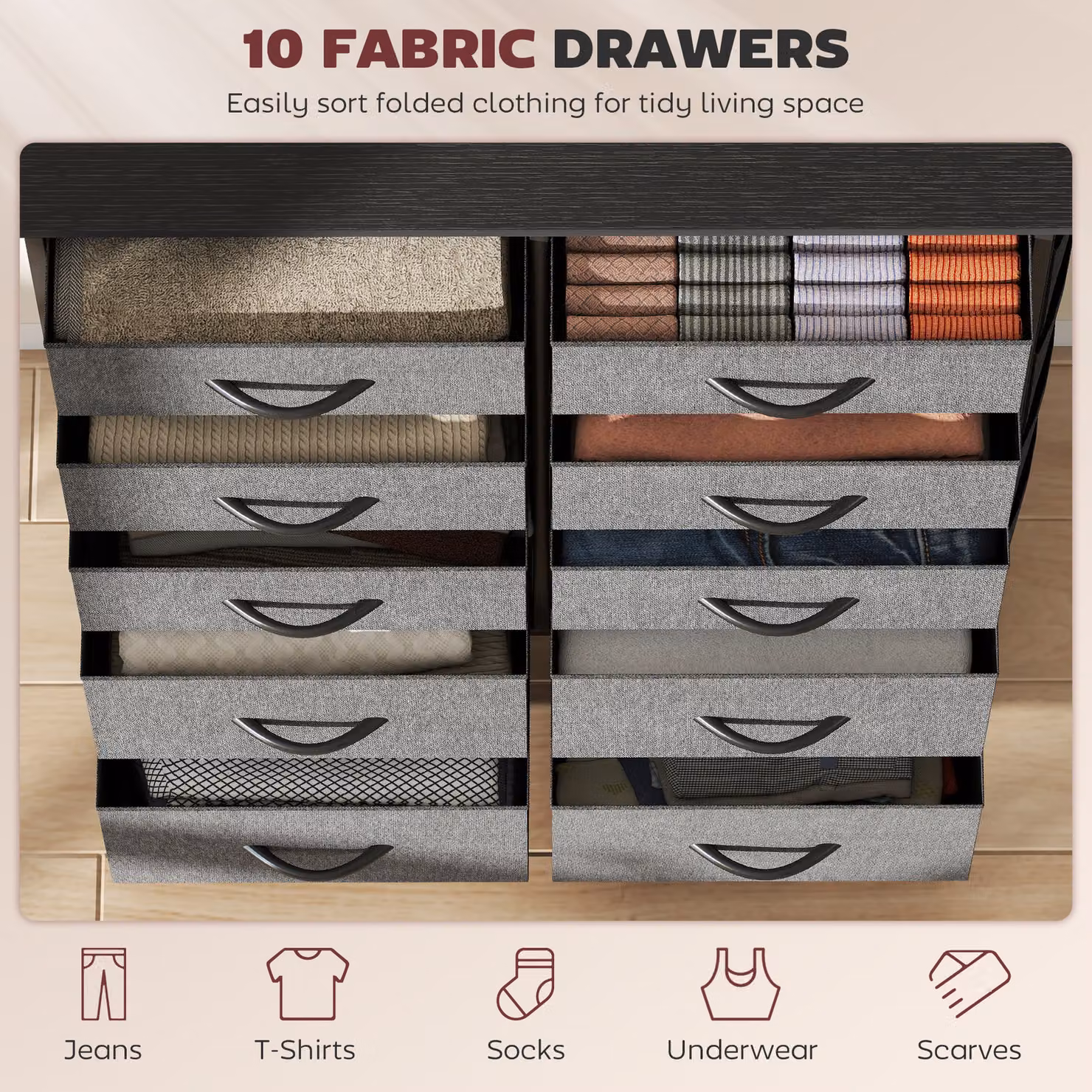 HOMCOM Chest of Ten Fabric Drawers in Charcoal Grey – 4