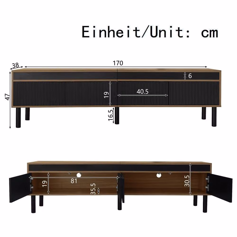 ModernLuxe Black Wood Texture TV Cabinet with 4 Doors, W: 170 cm, D: 38 cm, H: 47 cm – 5