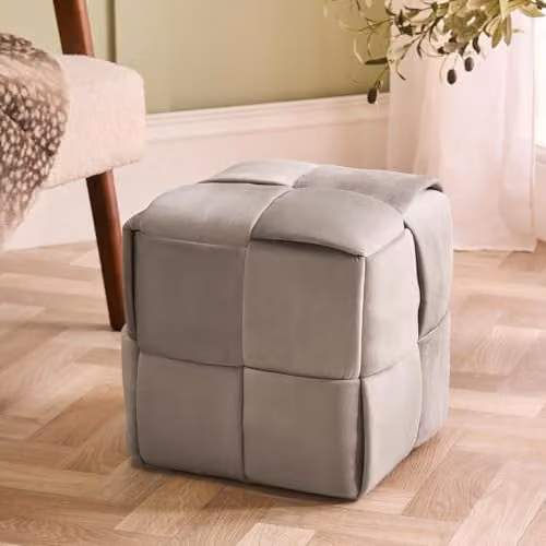 OHS Matte Velvet Square Ottoman Footstool in Natural – 1