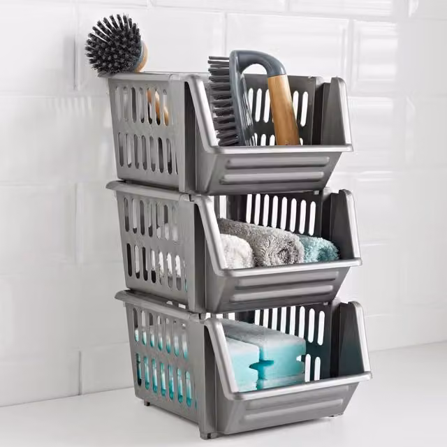 Whitefurze 3 Tier Stackable Slatted Storage Baskets in Silver