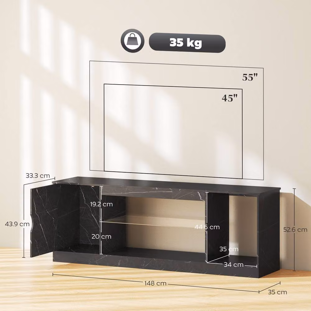 STILVORA Modern TV Stand with Cabinet and Glass Shelf in Black – 3