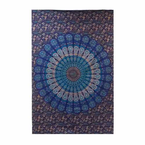 KDMD Single Cotton Bedspread and Wall Hanging Set in Blue with Classic Mandala Geometric Design