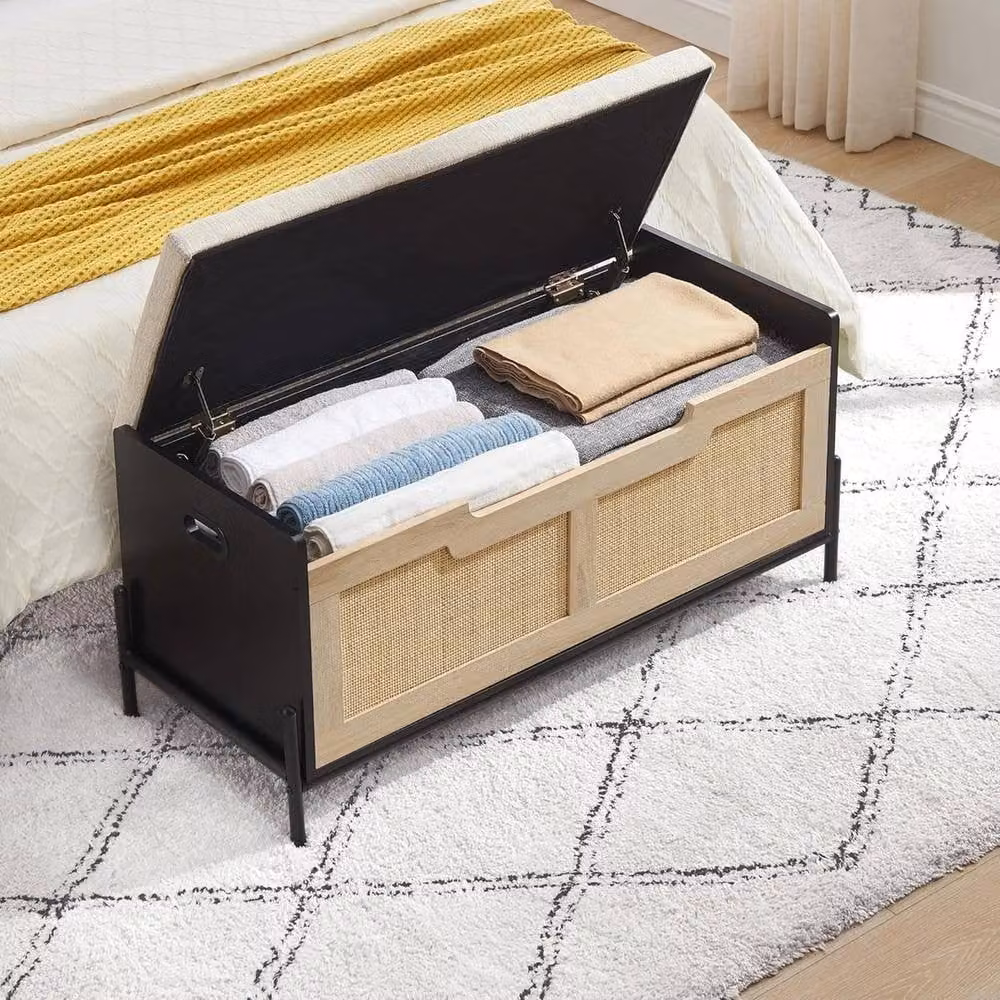 VOGREX Black Rattan Storage Bench with 2 Safety Hinges and Flip-Top Shoe Trunk – 4