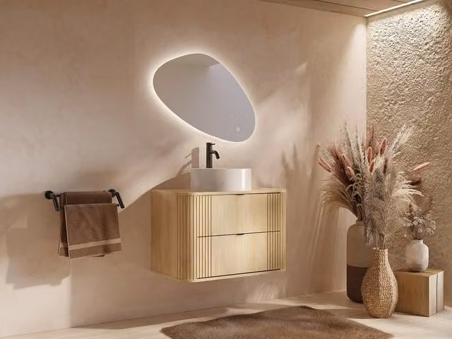 Vente-unique Filor Wall-Mounted Bathroom Vanity Unit with Round Countertop Basin in Light Oak, W: 80 cm, D: 43 cm, H: 46 cm