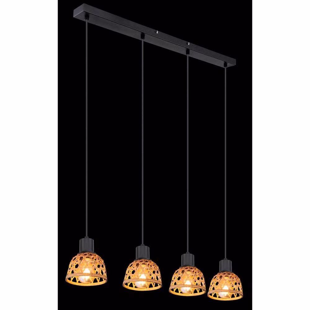 Netlighting Wenna Bar Pendant Ceiling Light in Matt Black with Bamboo and Metal, 4x E27, W/D/H: 120 x 13 x 13 cm – 2