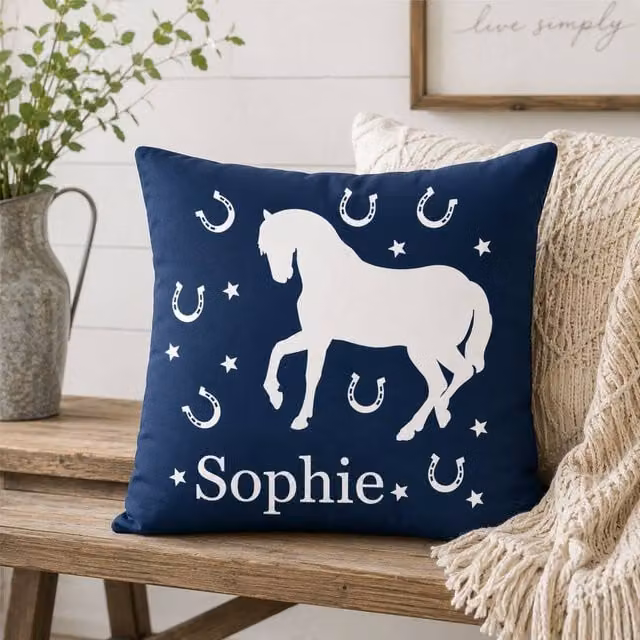 60 SECOND MAKEOVER Personalised Horse Cushion Cover in Navy Blue, W/D/H: 40.64 x 40.64 x 40.64 cm