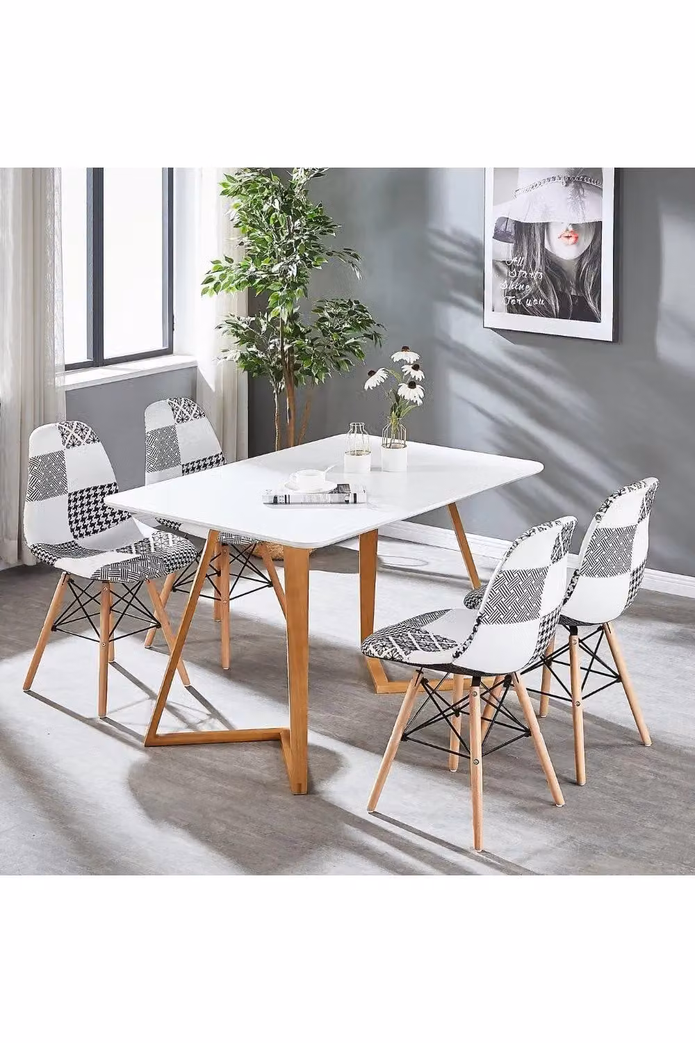 Life Interiors Set of 6 Modern Abstract Patchwork Dining Chairs in Multicolour with Black, White and Wood Legs – 3