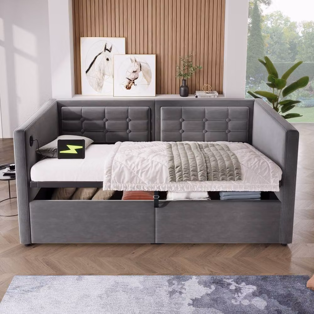 Rolipo Grey Velvet 3FT Single Sofa Bed Daybed with Hydraulic Storage and USB Charging Port W/D/H: 90 x 190 x 75 cm – 7