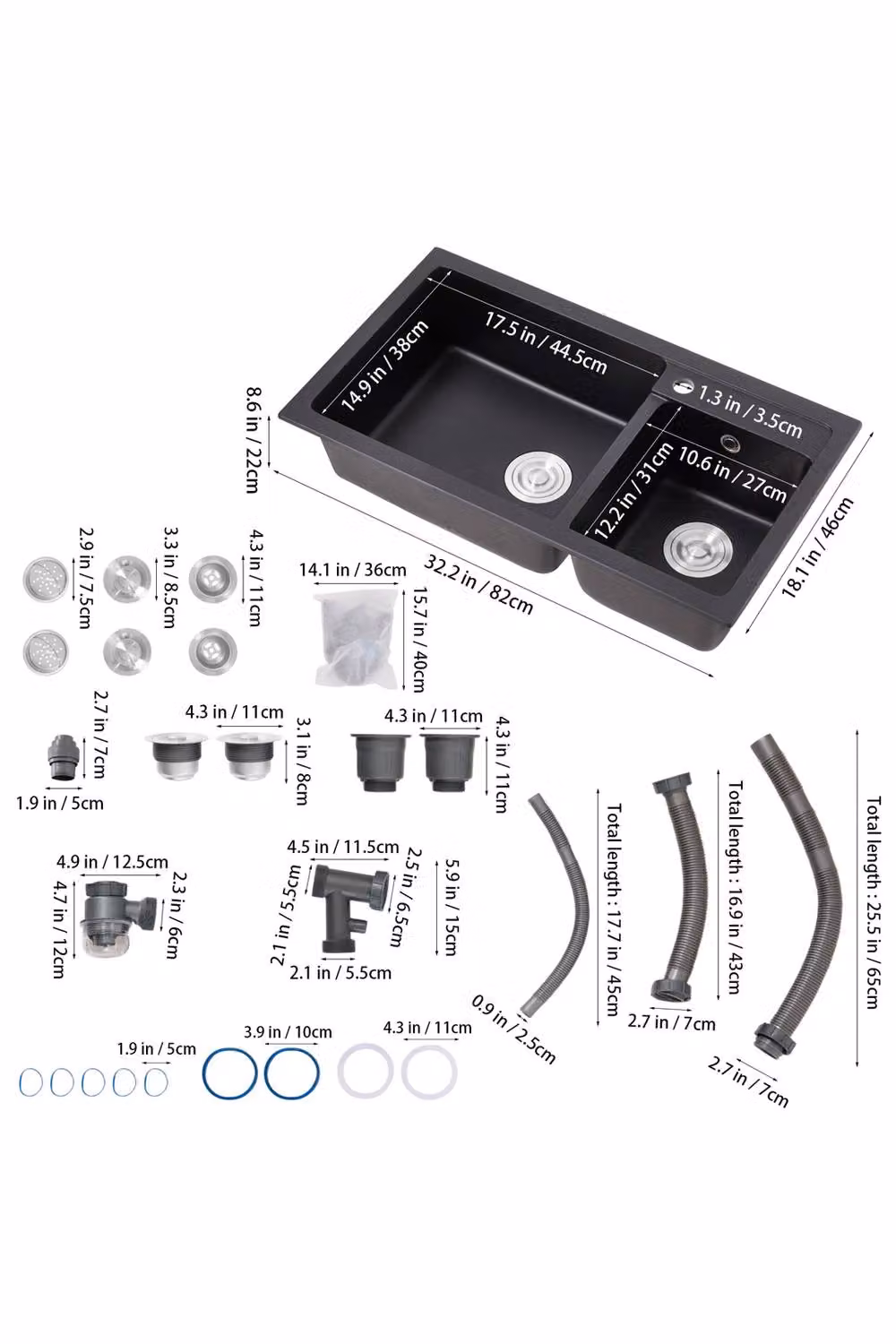 Living and Home Modern Black Quartz Resin Composite Kitchen Sink with Waste Kit – 5