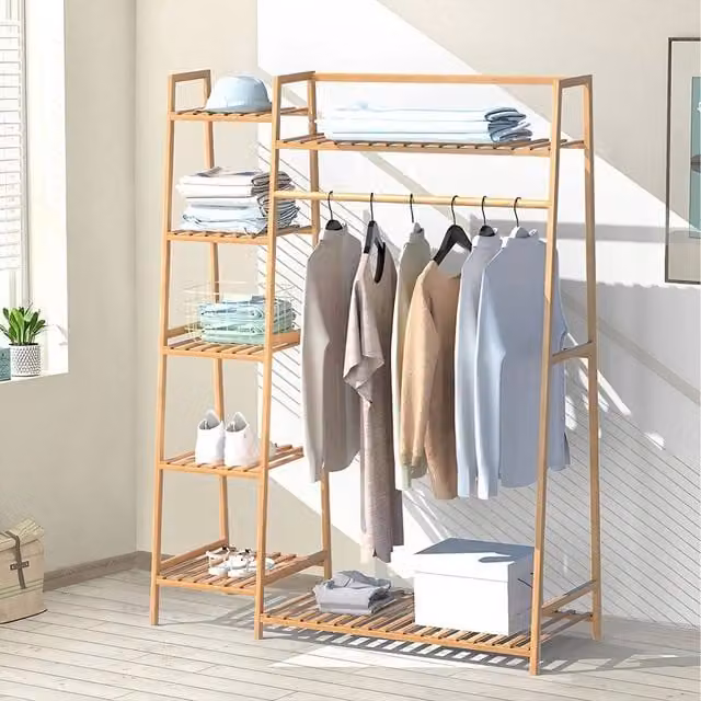 Lifeideas Dual Hook and Rail Matrix Bamboo Clothes Rail in Wood Colour