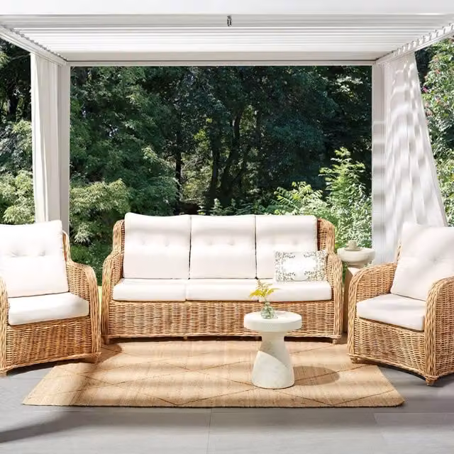 Wyld and Coco Natural Rattan Garden Conversation Set with 3 Seater Sofa and 2 Armchairs in White and Beige – 1