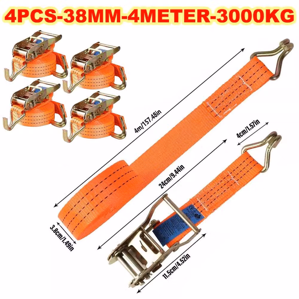 Ventryn 4 Pack Heavy Duty Ratchet Straps, Orange, 4m Length, 38mm Width, 3000kg Capacity – 2