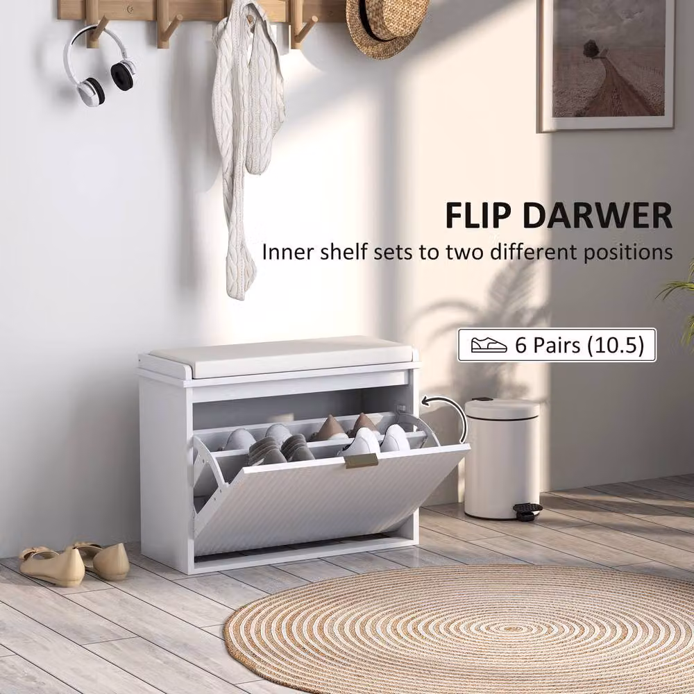 STILVORA Shoe Bench with Six-Shoe Storage and Cushion Seat in White and Gold – 3
