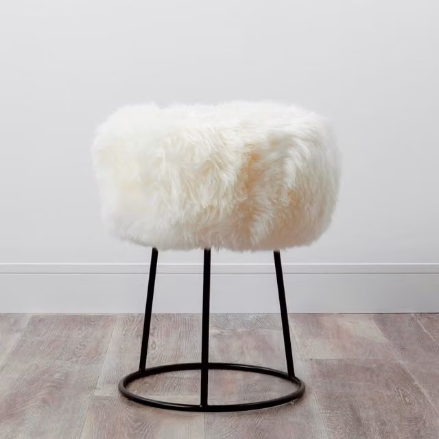 Native Natural White Sheepskin Stool with Metal Frame