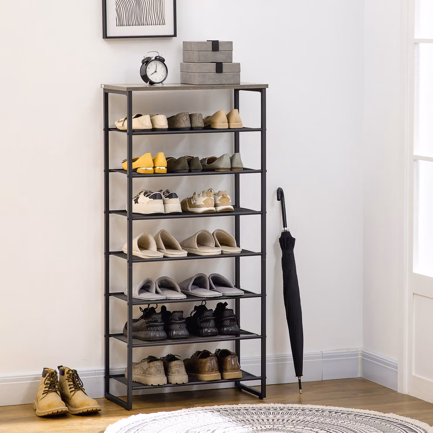 HOMCOM 8-Tier Metal Shoe Rack Storage Organiser in Black and Grey – 2