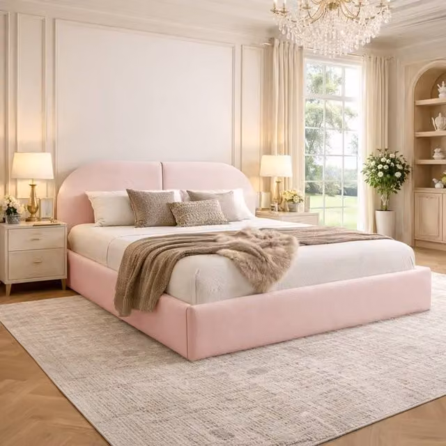 Desire Deco Dolores Upholstered Plush Velvet Bed Frame in Pink, King Size (180 x 200 cm)
