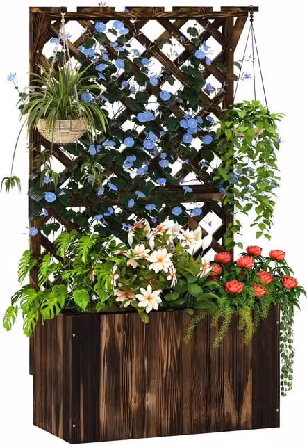 Outsunny Brown Wooden Raised Garden Bed with Trellis and Liner, W/D/H: 122 x 64 x 33 cm