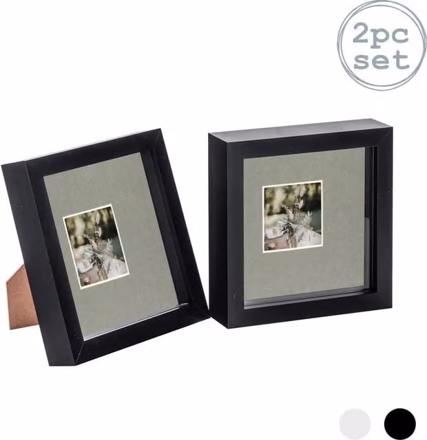 Nicola Spring Pack of 2 Black and Grey 3D Box Photo Frames, Square, 15.24 x 15.24 cm with 5.08 x 5.08 cm Mount